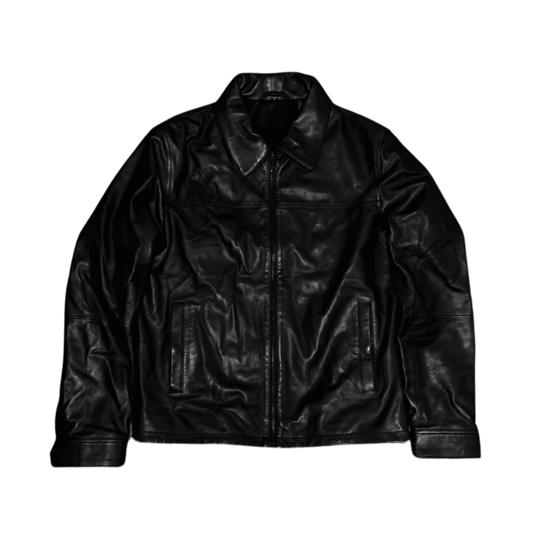Genuine Leather Jacket with Collar - Black